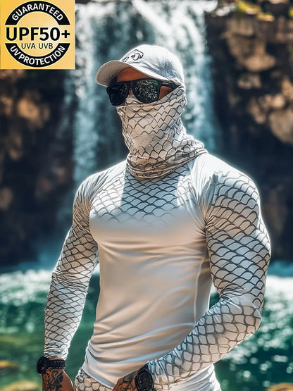 Men's Outdoor Sun Protection Breathable Cool Mask American Flag Print Hooded Sun Protection Long Sleeve Top
