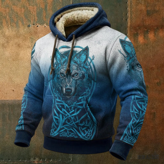 Nordic Viking Fenrir Wolf Hoodie with Retro Fleece Collar and Celtic Vegvisir