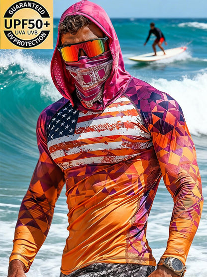 Men's Outdoor Sunscreen Breathable Cool Hooded Printed Surf Long-Sleeve Top