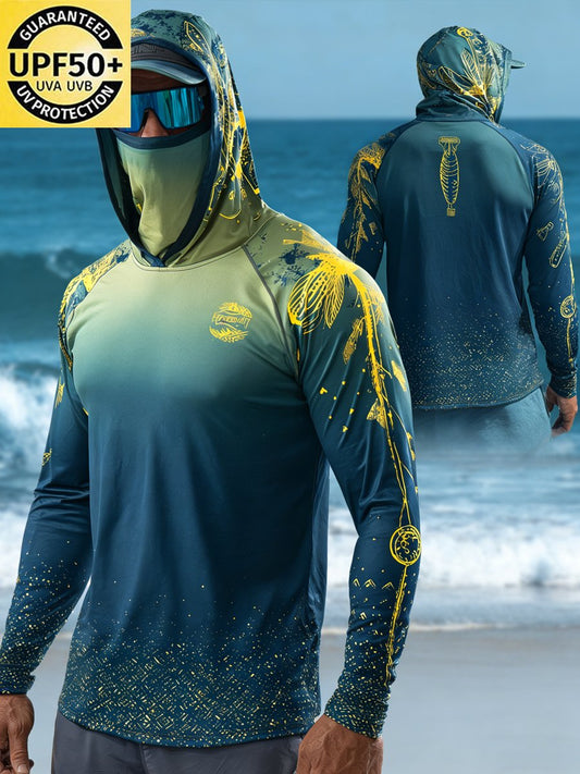 Men's Outdoor Sun Protection Breathable Cool Face Mask Hooded Printed Long-Sleeved Top