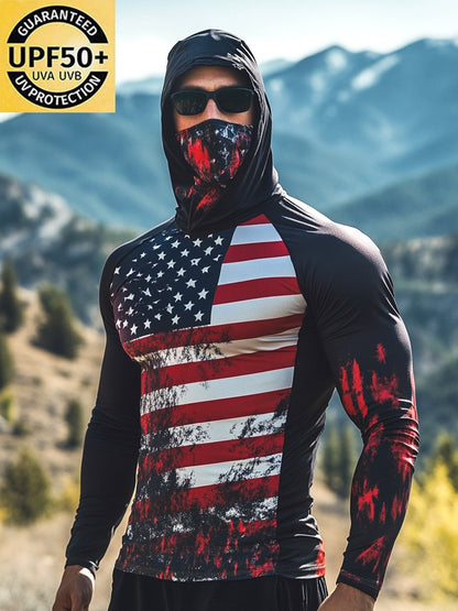 Men's Outdoor Sun Protection Breathable Cool Mask American Flag Print Hooded Sun Protection Long Sleeve Top