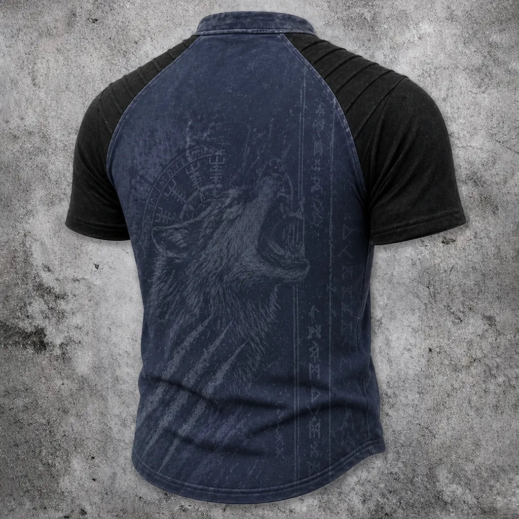 Men's Vintage Wolf Graphic Lace-Up Henley T-Shirt - Norse Print Short Sleeve Tee