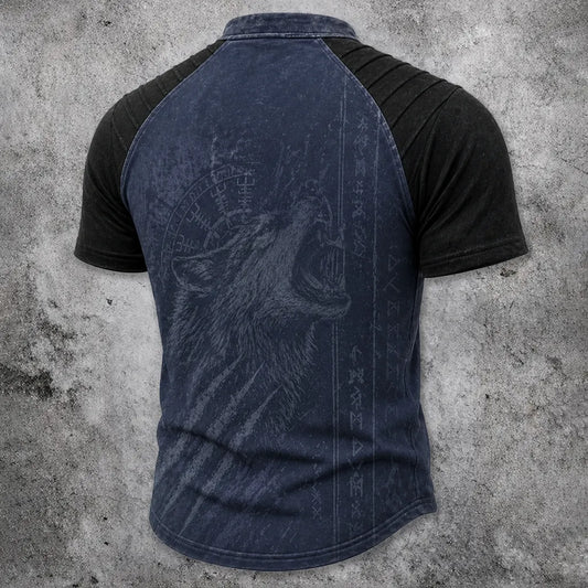Men's Vintage Wolf Graphic Lace-Up Henley T-Shirt - Norse Print Short Sleeve Tee