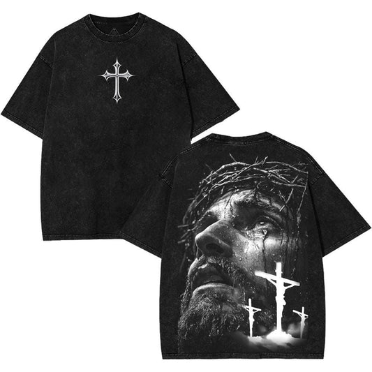 Jesus Crown Of Thorns & Crosses Graphic Printed Men's Washed Tee