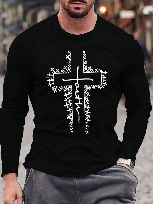Cross Faith Print Christian Cotton Long Sleeve T-Shirt