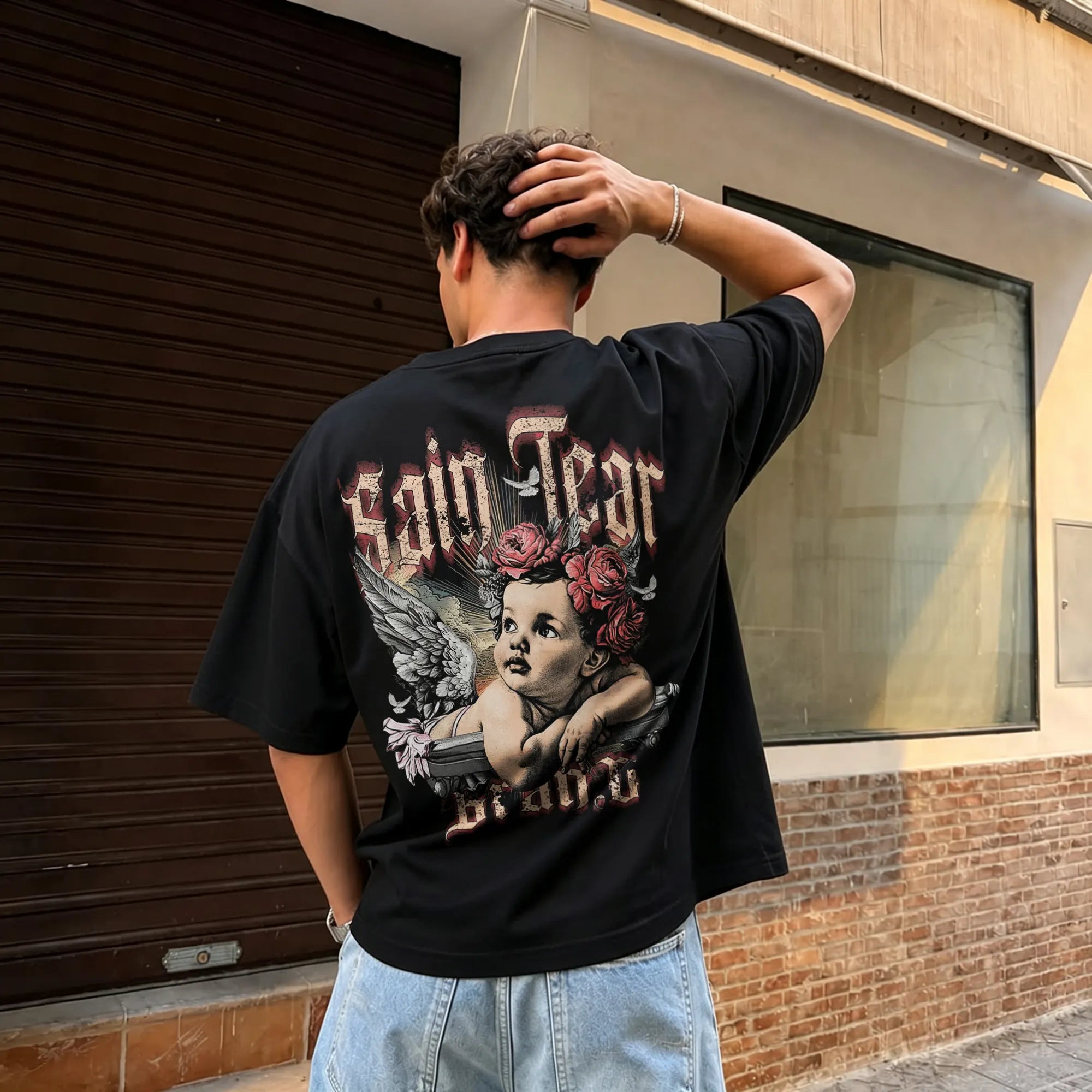 Vintage Cherub Angel Red Rose Gothic Letter Printed Men's T-shirt