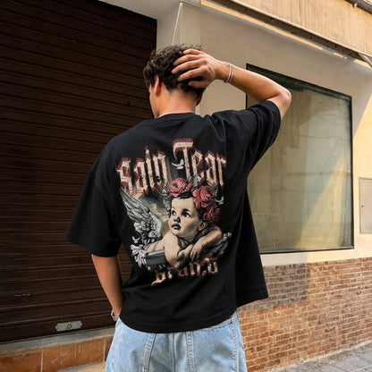 Vintage Cherub Angel Red Rose Gothic Letter Printed Men's T-shirt