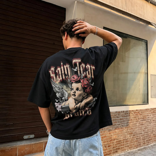 Vintage Cherub Angel Red Rose Gothic Letter Printed Men's T-shirt