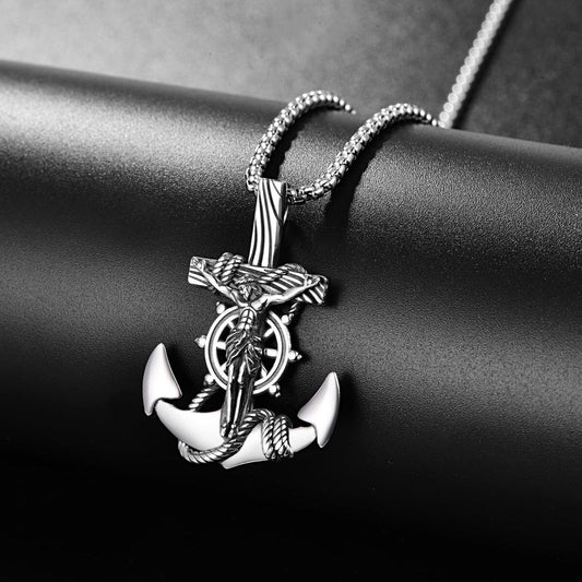 Sterling Silver Anchor & Jesus Pendant Necklace for Men