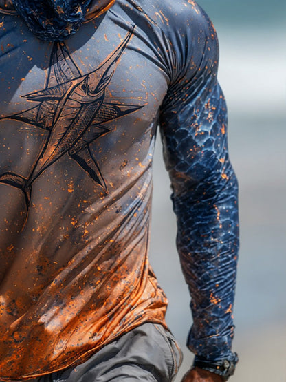 Men's Outdoor Sun Protection Breathable Cool Face Mask Hooded Printed Long-Sleeved Top