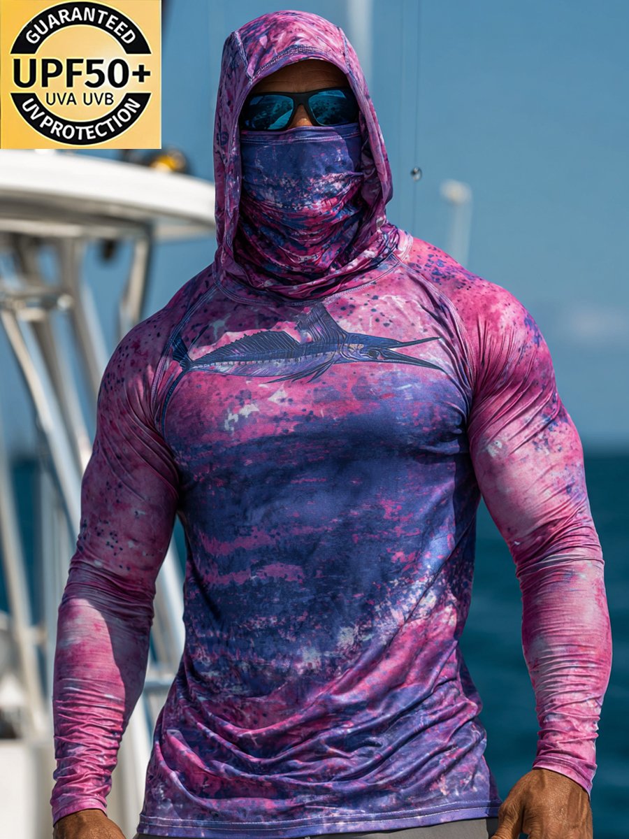 Men's Outdoor Sun Protection Breathable Cool Face Mask Hooded Printed Long-Sleeved Top