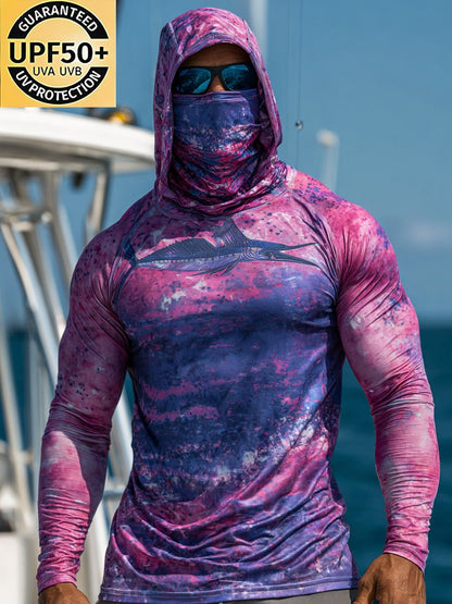 Men's Outdoor Sun Protection Breathable Cool Face Mask Hooded Printed Long-Sleeved Top