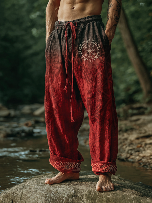 Men's Viking Raven Golden Rune Retro Nordic Casual Linen Pants
