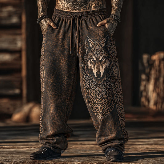 Men's Vintage Wolf Print Jogger Pants - Distressed Brown Tribal Drawstring Sweatpants