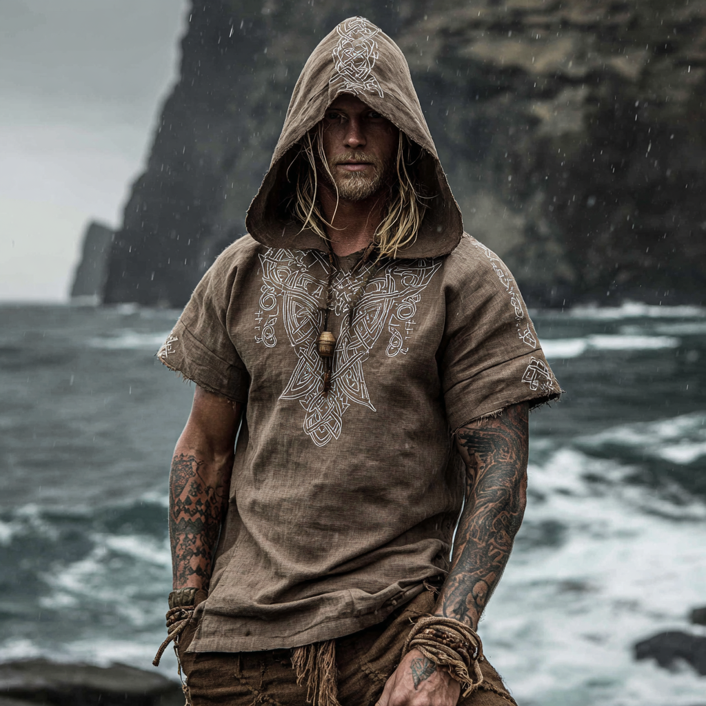Men's Viking Inspired Yggdrasil Totem Rune Short Sleeve Hoodie