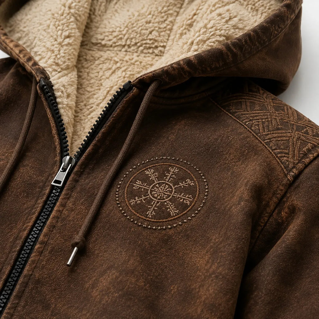 Nordic Viking Style Retro Rune Casual Long-Sleeve Warm Fleece Hoodie