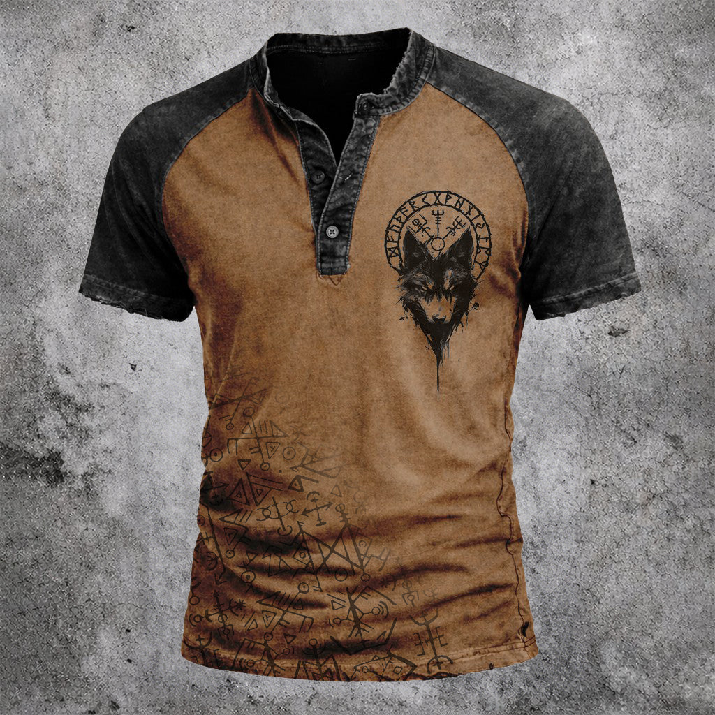 Men's Wolf Runic Print Henley T-Shirt - Vintage Distressed Two-Tone Short Sleeve Casual Top