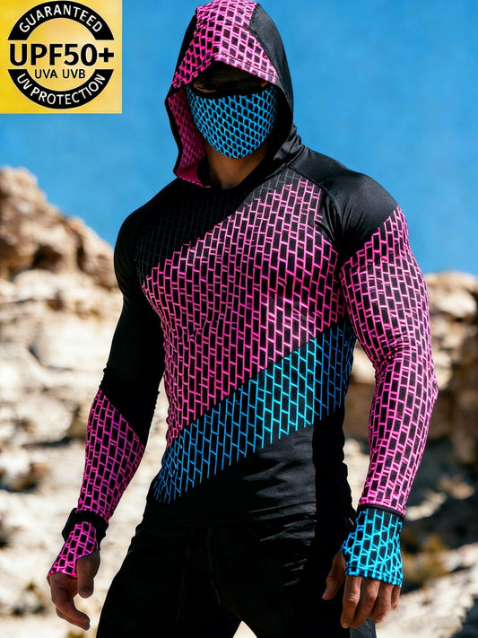 Men's Geometric Color-blocking Sun Protection Print Top