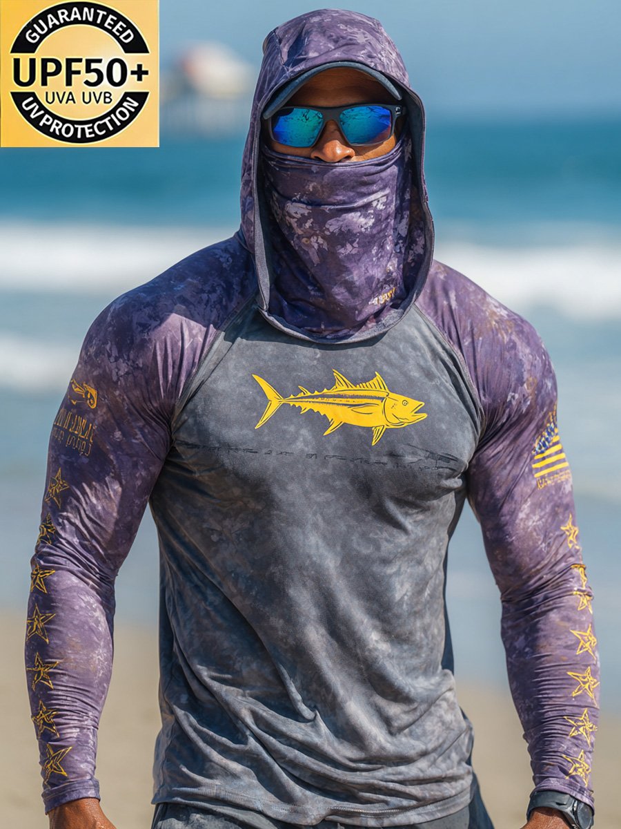 Men's Outdoor Sun Protection Breathable Cool Face Mask Hooded Printed Long-Sleeved Top