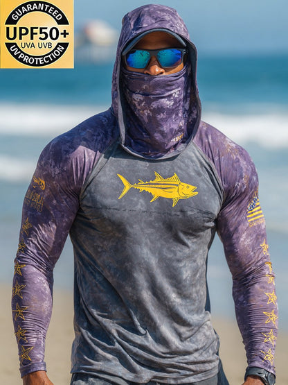 Men's Outdoor Sun Protection Breathable Cool Face Mask Hooded Printed Long-Sleeved Top
