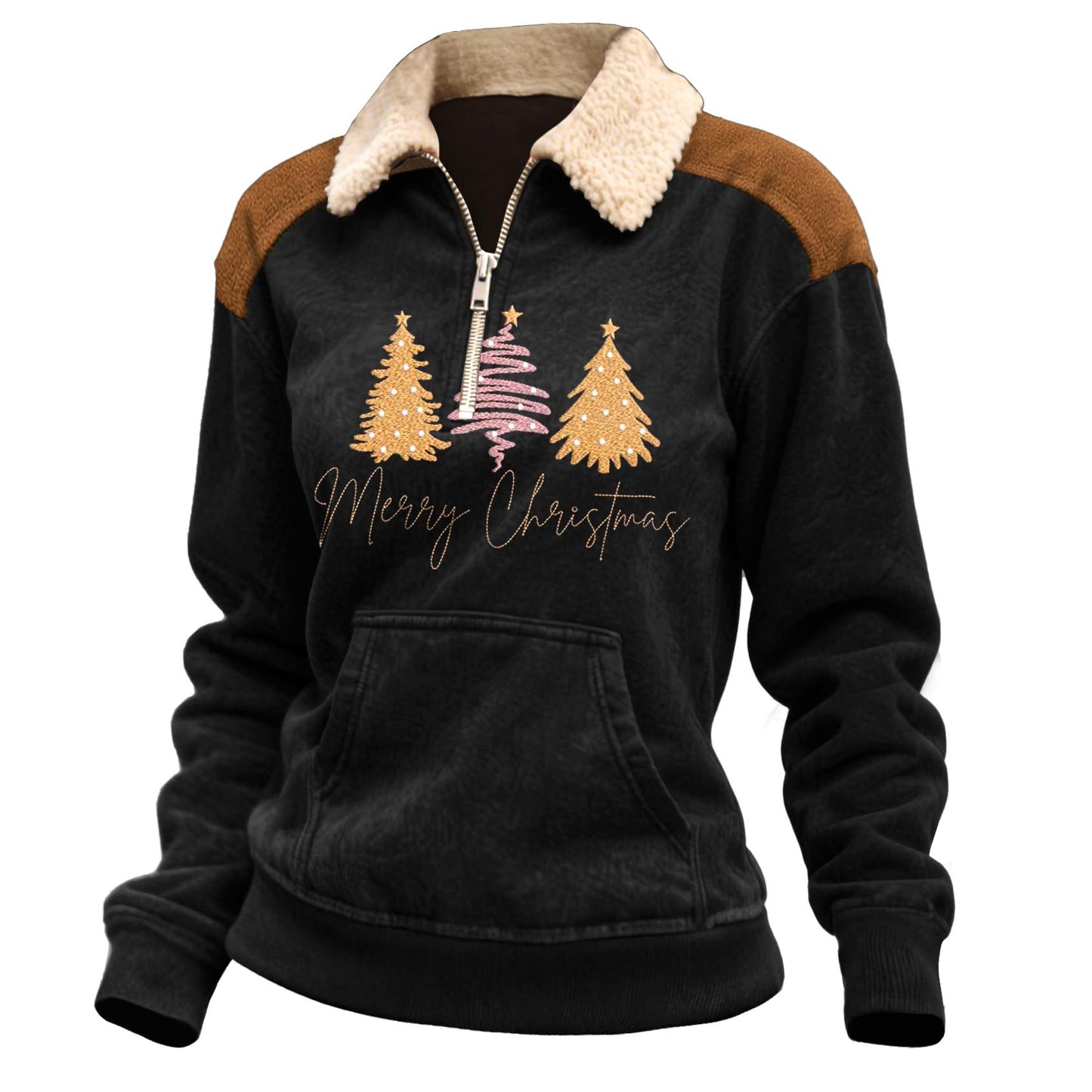 Women's Vintage Merry Christmas Tree Print Pocket Quarter-Zip Fleece Lapel Ugly Christmas Sweatshirt