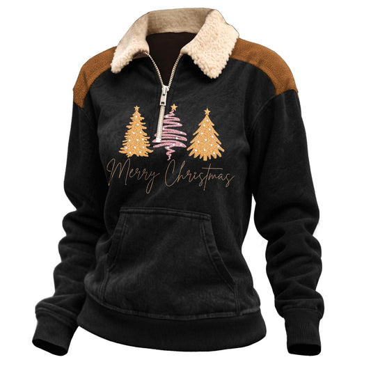 Women's Vintage Merry Christmas Tree Print Pocket Quarter-Zip Fleece Lapel Ugly Christmas Sweatshirt