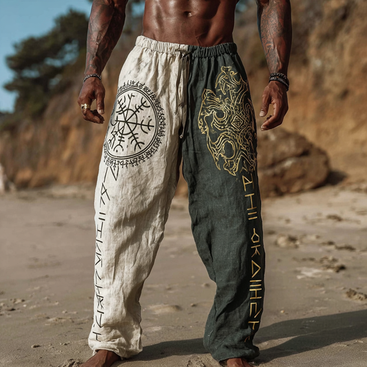 Men's Vintage Two-Tone Viking Mystical Tree Of Life Inspired Summer Casual Pants