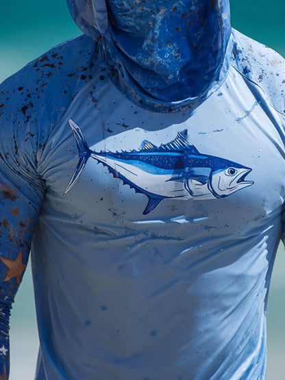 Men's Outdoor Sun Protection Breathable Cool Face Mask Hooded Printed Long-Sleeved Top