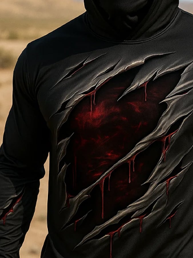 Men's Outdoor Sun Protection Breathable Cool Real 3D Printed Mask Hooded Sun Protection Long-Sleeved Top