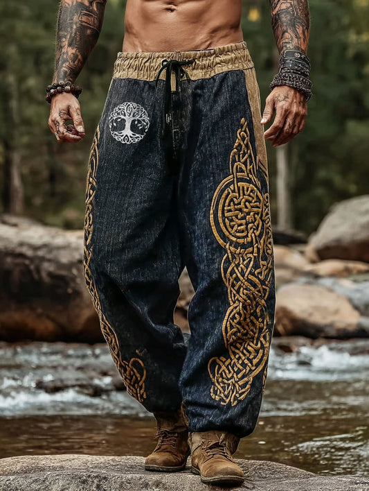 Nordic Yggdrasil & Vintage Celtic Knot Washed-Style Prints Casual Cotton-Linen Pants