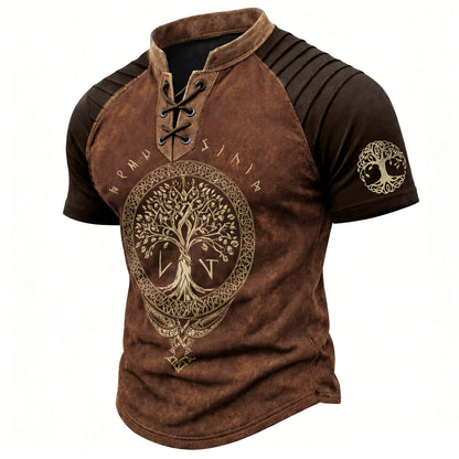 Men's Tree of Life Print Short Sleeve Henley T-Shirt - Viking Distressed Casual Top