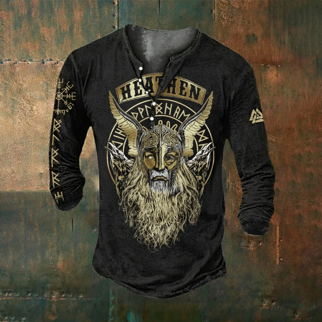 Viking Vegvísir Nordic Warrior Casual Long-Sleeve Henley Shirt