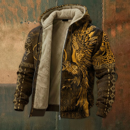 Nordic Style Viking Raven Rune Fleece Inner Lined Winter Hoodie