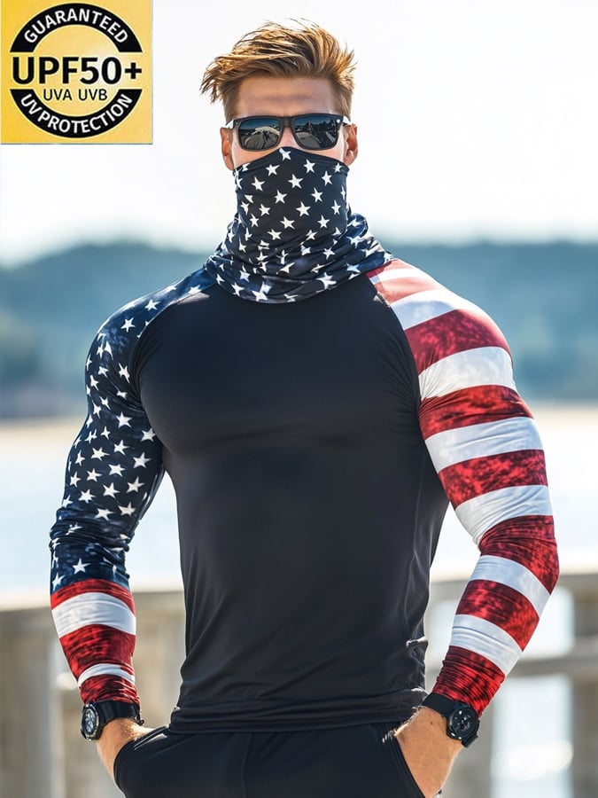 Men's Outdoor Sun Protection Breathable Cool Mask American Flag Print Hooded Sun Protection Long Sleeve Top