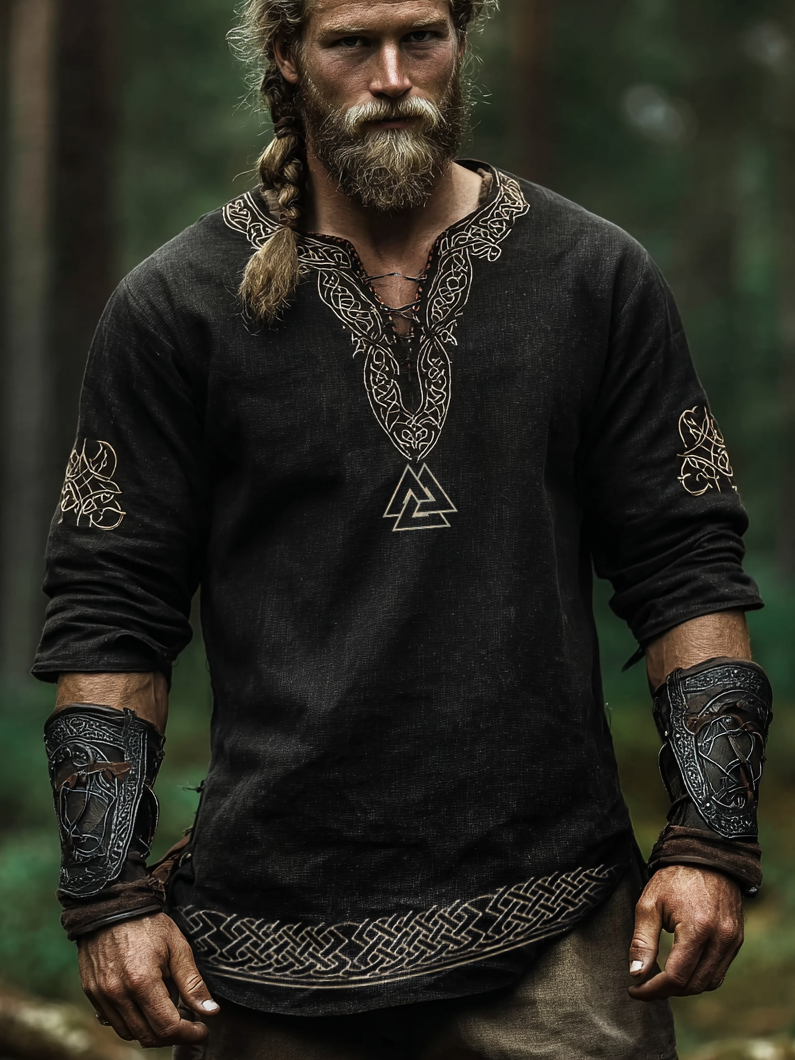 Men's Viking Style Vintage Golden Rune Totem Long-Sleeve Linen T-shirt