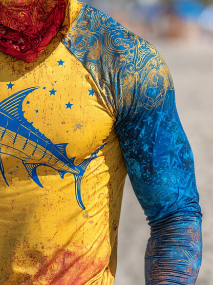 Men's Outdoor Sun Protection Breathable Cool Face Mask Hooded Printed Long-Sleeved Top