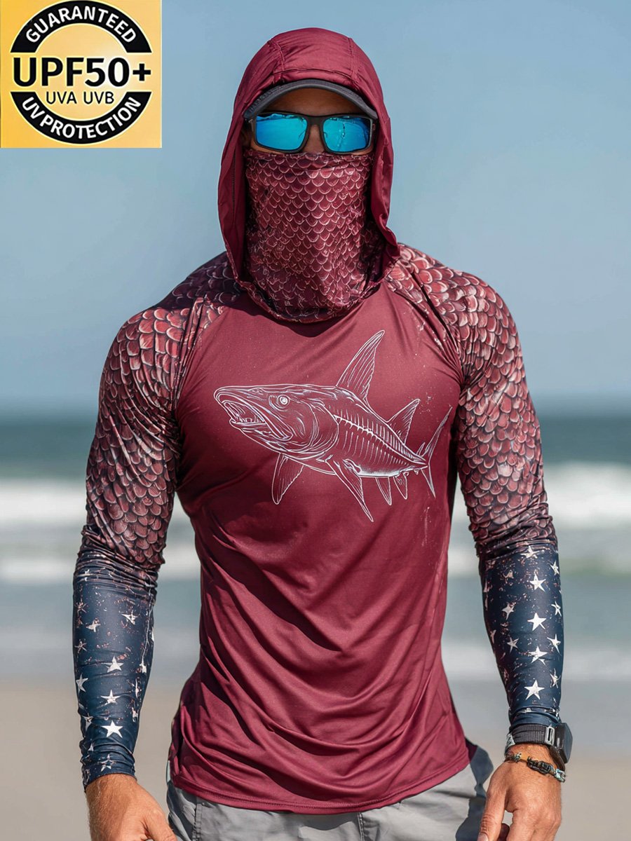 Men's Outdoor Sun Protection Breathable Cool Face Mask Hooded Printed Long-Sleeved Top