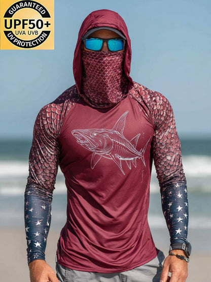 Men's Outdoor Sun Protection Breathable Cool Face Mask Hooded Printed Long-Sleeved Top
