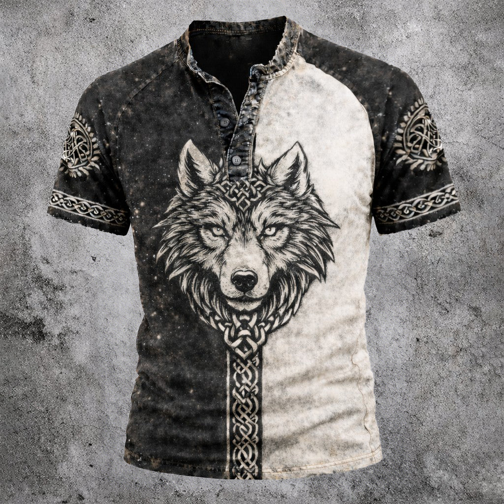 Men's Norse Wolf Graphic Henley Shirt - Two-Tone Distressed Short Sleeve Top