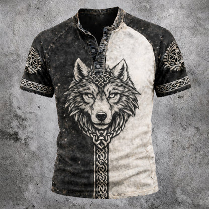 Men's Norse Wolf Graphic Henley Shirt - Two-Tone Distressed Short Sleeve Top
