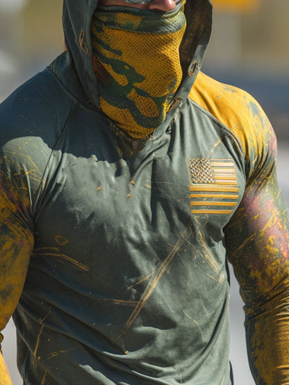 Men's Retro Flag Logo Outdoor Sun Protection Breathable Cooling Mask Hooded Sun Protection Long Sleeve Top