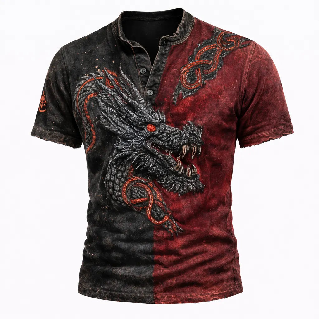Men's 3D Dragon Graphic Henley T-Shirt - Two-Tone Black Red Distressed Short Sleeve