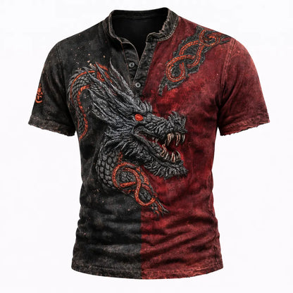 Men's 3D Dragon Graphic Henley T-Shirt - Two-Tone Black Red Distressed Short Sleeve