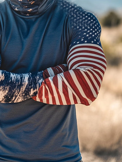 Men's Outdoor Sun Protection Breathable Cool Mask American Flag Print Hooded Sun Protection Long Sleeve Top