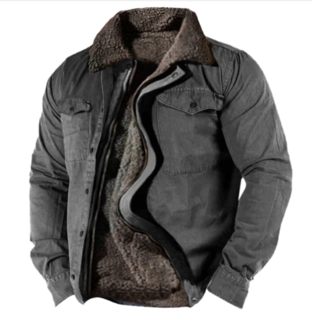 Men's Warm Coat Retro Fleece Cotton Solid Color Lapel Coat Jacket