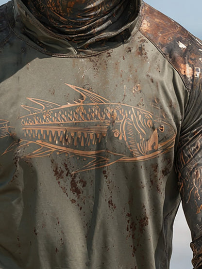 Men's Outdoor Sun Protection Breathable Cool Face Mask Hooded Printed Long-Sleeved Top