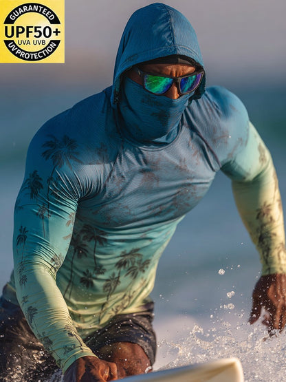 Men's Outdoor Sun Protection Breathable Cool Face Mask Hooded Printed Long-Sleeved Top