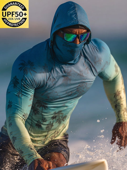 Men's Outdoor Sun Protection Breathable Cool Face Mask Hooded Printed Long-Sleeved Top