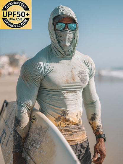 Men's Outdoor Sunscreen Breathable Cool Hooded Printed Surf Long-Sleeve Top