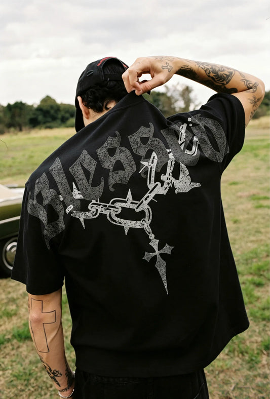 Blessed Barbed Chain Cross Gothic Text Printed Men's T-shirt